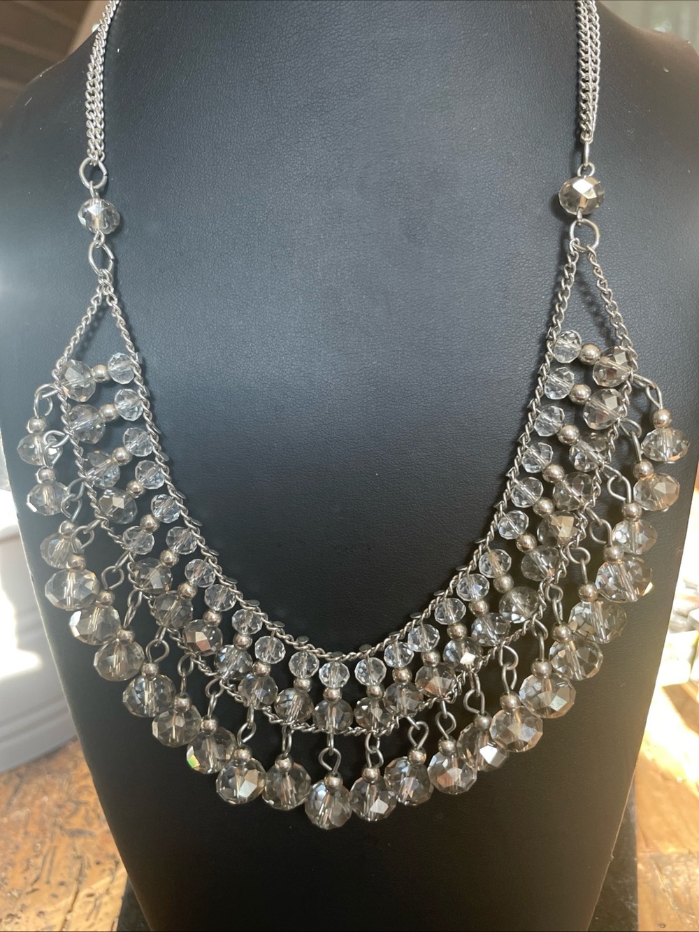 Clear beaded Fringe Bib Necklace in Silver Tone